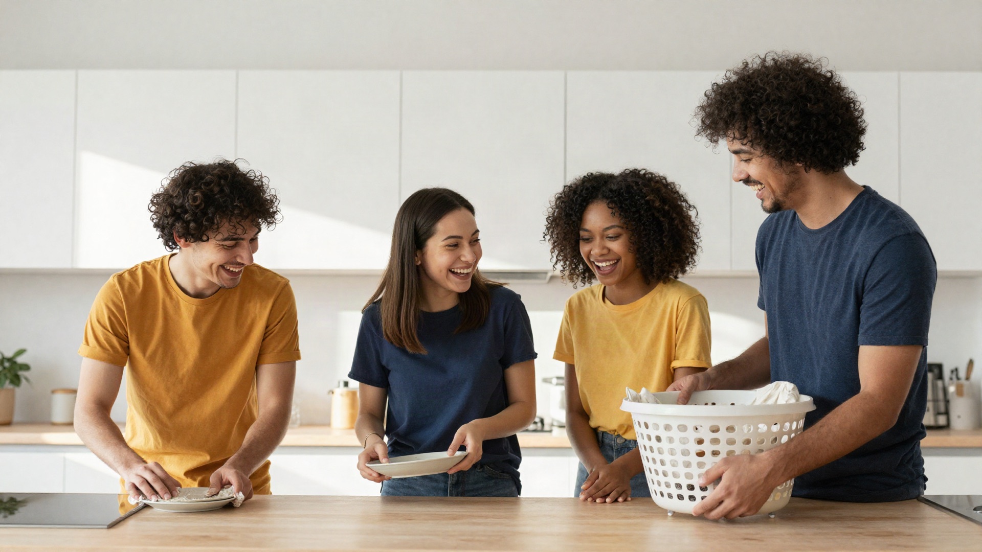 Four flatmates laughing while they tidy a sunlit kitchen together