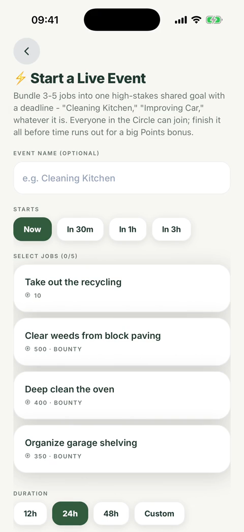 Setting up a Live Event: picking jobs and a start time